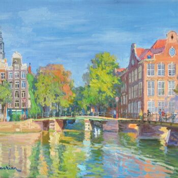 Schilderij getiteld "Canal in Amsterdam" door Marc Forestier, Origineel Kunstwerk, Olie Gemonteerd op Frame voor houten bran…