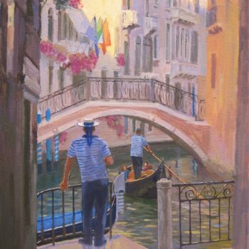 Painting titled "Gondola in Venice,…" by Marc Forestier, Original Artwork, Oil Mounted on Wood Stretcher frame