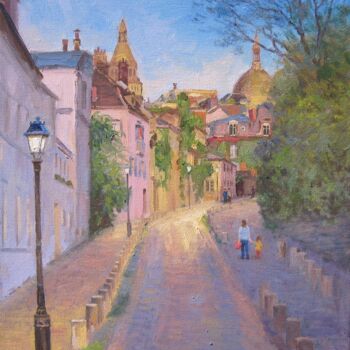 Painting titled "Street in Montmartre" by Marc Forestier, Original Artwork, Oil Mounted on Wood Stretcher frame