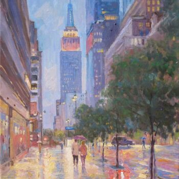 Painting titled "New York City at Ni…" by Marc Forestier, Original Artwork, Oil Mounted on Wood Stretcher frame