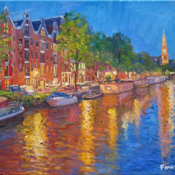 Painting titled "Canal in Amsterdam…" by Marc Forestier, Original Artwork, Oil Mounted on Wood Stretcher frame