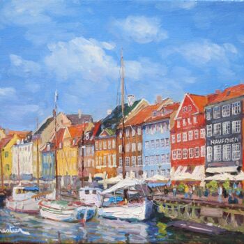 Painting titled "Nyhavn Harbor, Cope…" by Marc Forestier, Original Artwork, Oil Mounted on Wood Stretcher frame