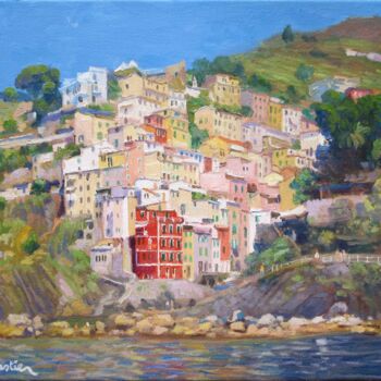 Painting titled "Riomaggiore, Cinque…" by Marc Forestier, Original Artwork, Oil Mounted on Wood Stretcher frame