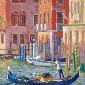Schilderij getiteld "Gondola in Venice" door Marc Forestier, Origineel Kunstwerk, Olie Gemonteerd op Frame voor houten branc…
