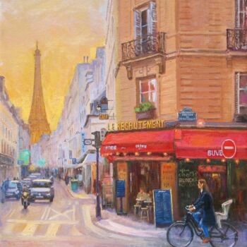 「Paris, la Tour Eiff…」というタイトルの絵画 Marc Forestierによって, オリジナルのアートワーク, オイル ウッドストレッチャーフレームにマウント