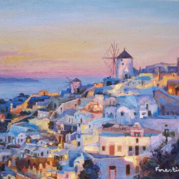 Painting titled "Sunset in Oia, Sant…" by Marc Forestier, Original Artwork, Oil Mounted on Wood Stretcher frame