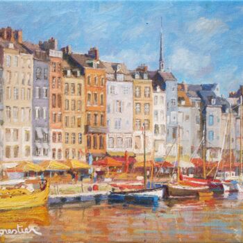 Painting titled "Honfleur Harbor" by Marc Forestier, Original Artwork, Oil Mounted on Wood Stretcher frame