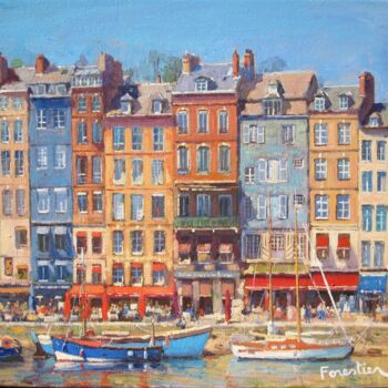 Painting titled "Boats in Honfleur,…" by Marc Forestier, Original Artwork, Oil Mounted on Wood Stretcher frame