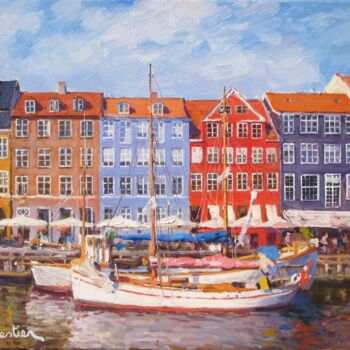 Schilderij getiteld "Nyhavn Harbor, Denm…" door Marc Forestier, Origineel Kunstwerk, Olie Gemonteerd op Frame voor houten br…