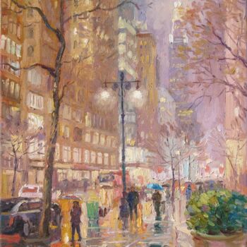 Painting titled "Rain in New York Ci…" by Marc Forestier, Original Artwork, Oil Mounted on Wood Stretcher frame
