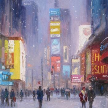 Painting titled "Snow in Times Square" by Marc Forestier, Original Artwork, Oil Mounted on Wood Stretcher frame