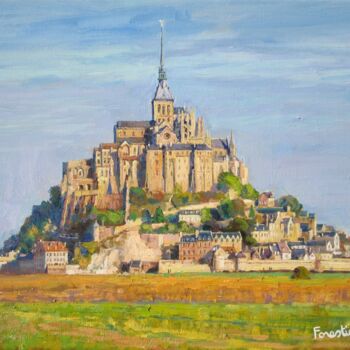 Painting titled "Mont Saint-Michel" by Marc Forestier, Original Artwork, Oil Mounted on Wood Stretcher frame