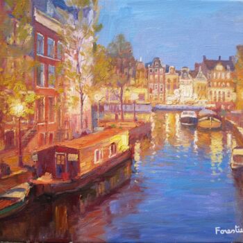 Painting titled "Canal in Amsterdam,…" by Marc Forestier, Original Artwork, Oil