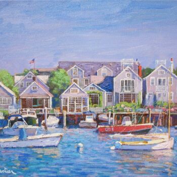 Painting titled "Nantucket Boat Basin" by Marc Forestier, Original Artwork, Oil Mounted on Wood Stretcher frame