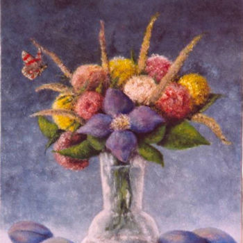 Peinture intitulée "Fleurs et Prunes /…" par Marc Haumont, Œuvre d'art originale, Huile