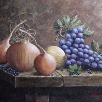 Peinture intitulée "Oignons, raisin et…" par Marc Haumont, Œuvre d'art originale, Huile