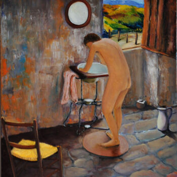 Schilderij getiteld "bain au cabanon" door Marc Lejeune, Origineel Kunstwerk, Olie