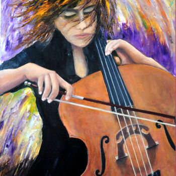 Malerei mit dem Titel "La violoncelliste" von Marc Lejeune, Original-Kunstwerk, Öl
