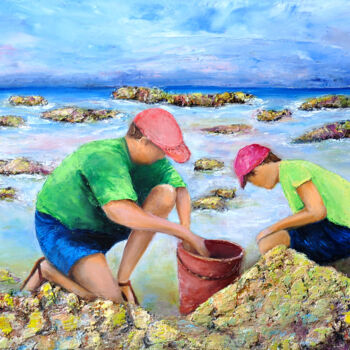 Peinture intitulée "pêcheurs à pied" par Marc Lejeune, Œuvre d'art originale, Huile