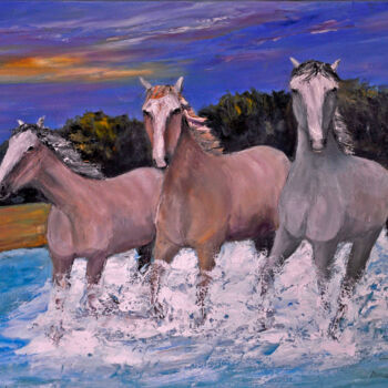 Painting titled "chevaux-en-camargue" by Marc Lejeune, Original Artwork, Oil