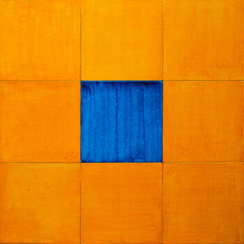 Painting titled "9 Tiles Orange Blue" by Marc René Geiser (slvrlane), Original Artwork, Pigments Mounted on Wood Panel