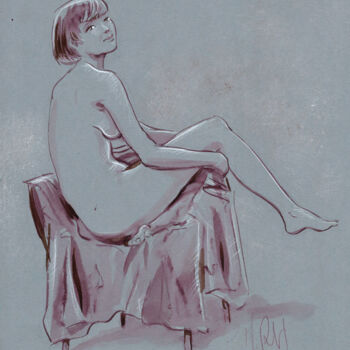 Drawing titled "Femme assise" by Marc Rouchairoles, Original Artwork, Ink