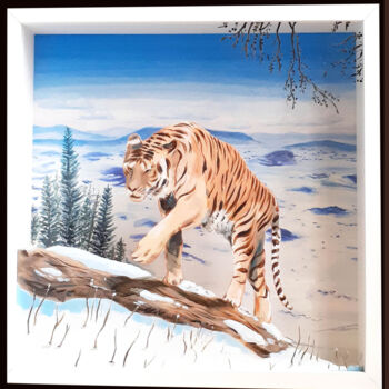 Pittura intitolato "Tigre dans la neige" da Marc Rouchairoles, Opera d'arte originale, Acrilico Montato su Telaio per barell…