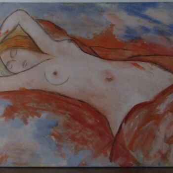 Painting titled "ROSE ENDORMIE" by Marc Vincent, Original Artwork, Oil Mounted on Wood Stretcher frame