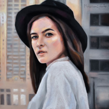 Dessin intitulée "Hat girl" par Marcani, Œuvre d'art originale, Pastel