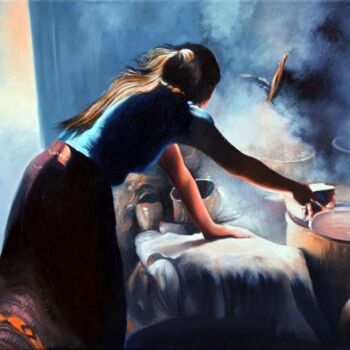 Peinture intitulée "Femme en cuisine d'…" par Marcel Boos, Œuvre d'art originale, Huile