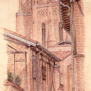 Desenho intitulada "La Cathédrale d'Alb…" por Marcel Duruflé, Obras de arte originais, Conté Montado em Cartão