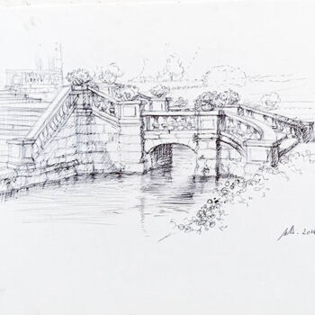 Dessin intitulée "Le petit pont du ch…" par Marcel Duruflé, Œuvre d'art originale, Stylo à bille