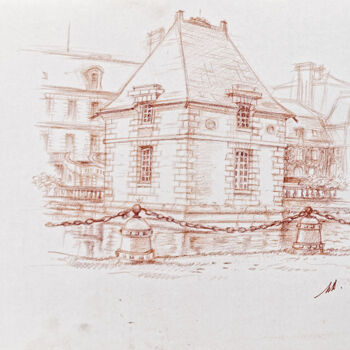 Tekening getiteld "Pavillon du château…" door Marcel Duruflé, Origineel Kunstwerk, Conté Gemonteerd op Karton