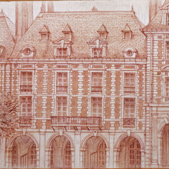 Drawing titled "La Place des Vosges" by Marcel Duruflé, Original Artwork, Digital Print Mounted on Cardboard