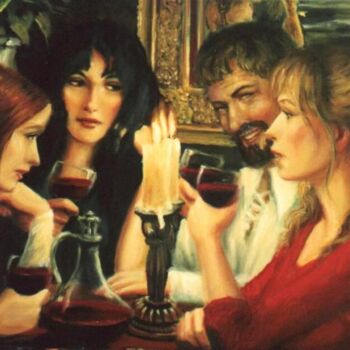 Painting titled "Friends and Wine" by Marcel Lorange, Original Artwork