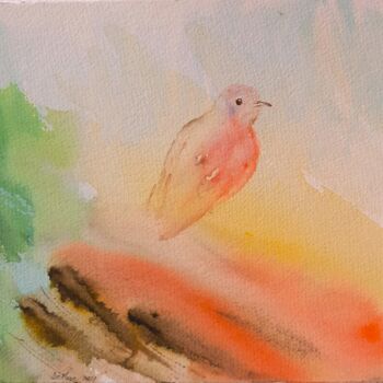 Painting titled "Oiseau rose" by Marcela Denghel, Original Artwork, Watercolor