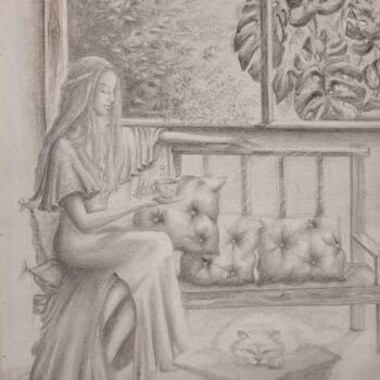 Drawing titled "La chica y el gato" by Marcela Leon, Original Artwork, Charcoal Mounted on Wood Panel