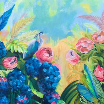 Painting titled "Blue Hydrangea With…" by Marcella Marais, Original Artwork, Oil