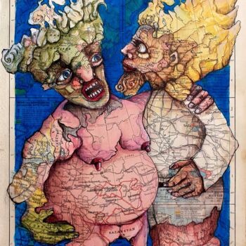 Dessin intitulée "Rencontre à l'Orien…" par Marcoleptique, Œuvre d'art originale, Aquarelle Monté sur Plexiglas