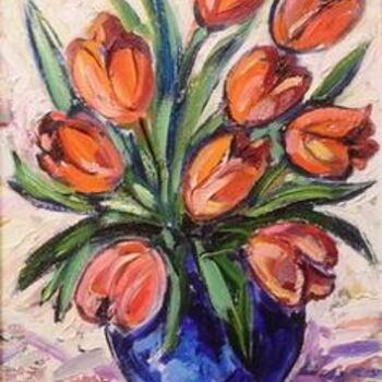 Painting titled "Red tulips in blue…" by Marchell Yameliev, Original Artwork