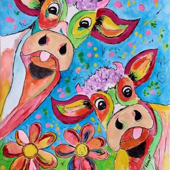 Malerei mit dem Titel "Glückliche Kühe" von Marcia Ehbrecht, Original-Kunstwerk, Aquarell