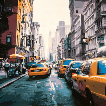 Painting titled "New York City Cabs" by Marco Barberio, Original Artwork, Acrylic Mounted on Wood Stretcher frame