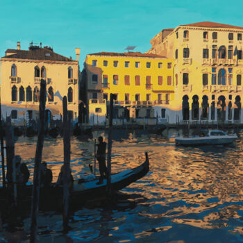 Painting titled "Golden Venice under…" by Marco Barberio, Original Artwork, Acrylic Mounted on Wood Stretcher frame