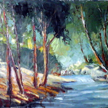 Painting titled "torrente-nel-bosco.…" by Marco Cattaneo, Original Artwork, Oil