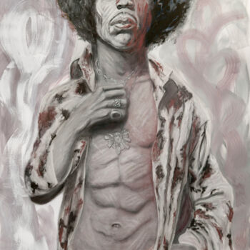 Painting titled "Jimi Hendrix" by Marco Perini, Original Artwork, Oil Mounted on Wood Stretcher frame
