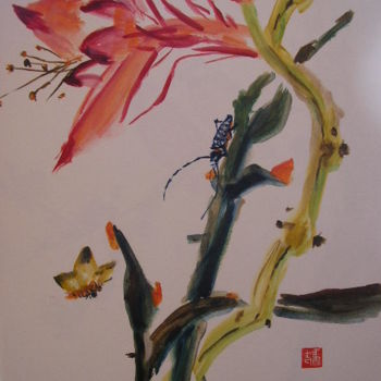 Peinture intitulée "Fleur  papillon et…" par Marcoh, Œuvre d'art originale