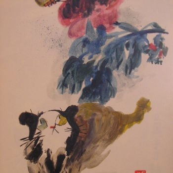 Painting titled "chat et papillon" by Marcoh, Original Artwork