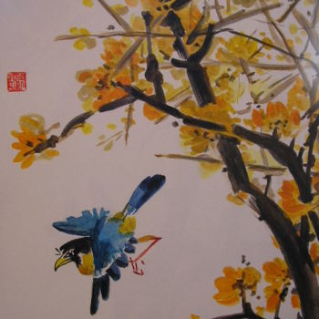 Painting titled "Vol de l'oiseau bleu" by Marcoh, Original Artwork