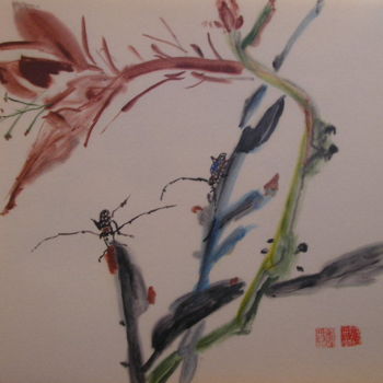 Peinture intitulée "Fleurs et insectes" par Marcoh, Œuvre d'art originale
