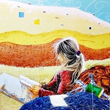 Painting titled "A menina e o livro." by Marcos Costa, Original Artwork, Acrylic